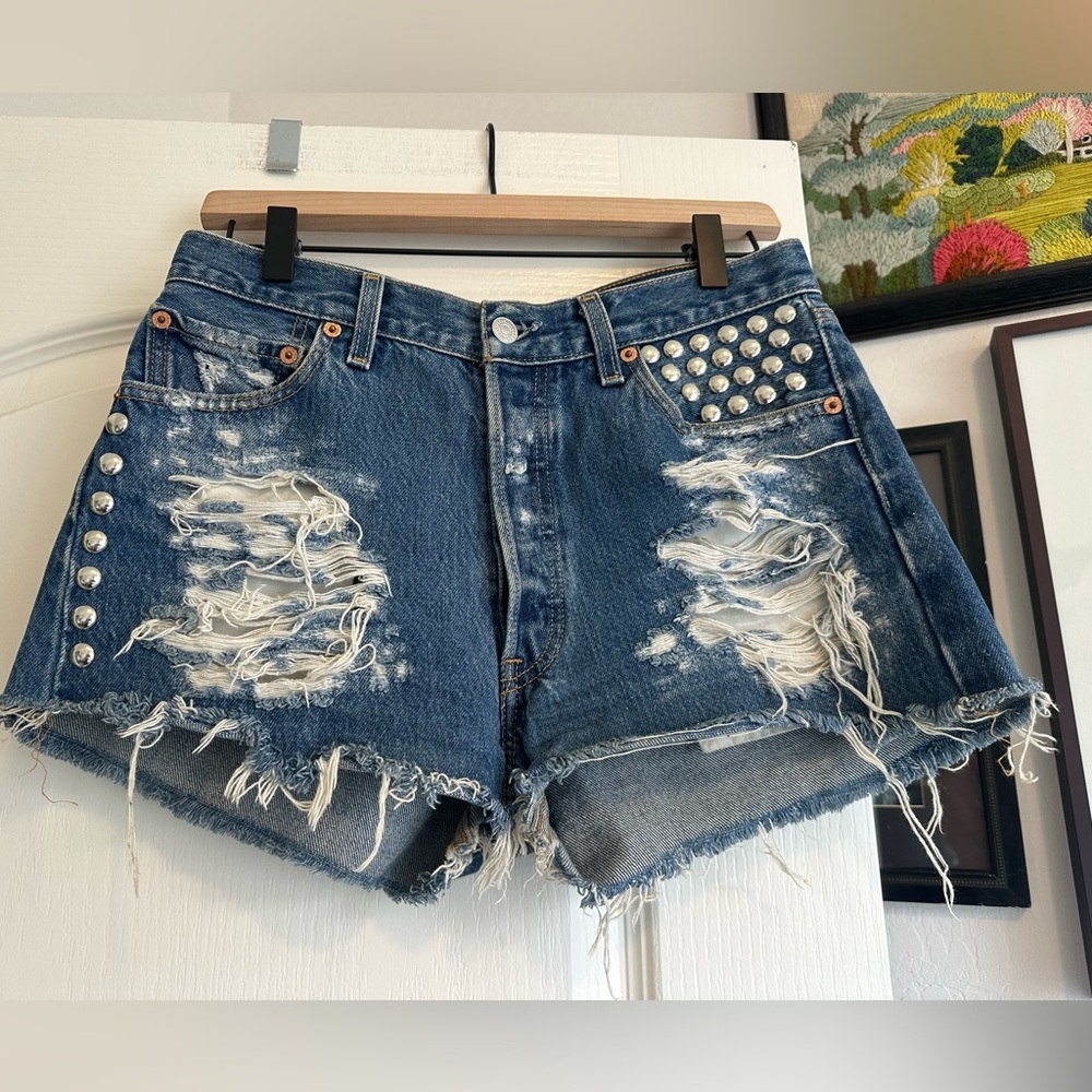 Levi's Distressed Studded Dark Blue Denim Jean Shorts